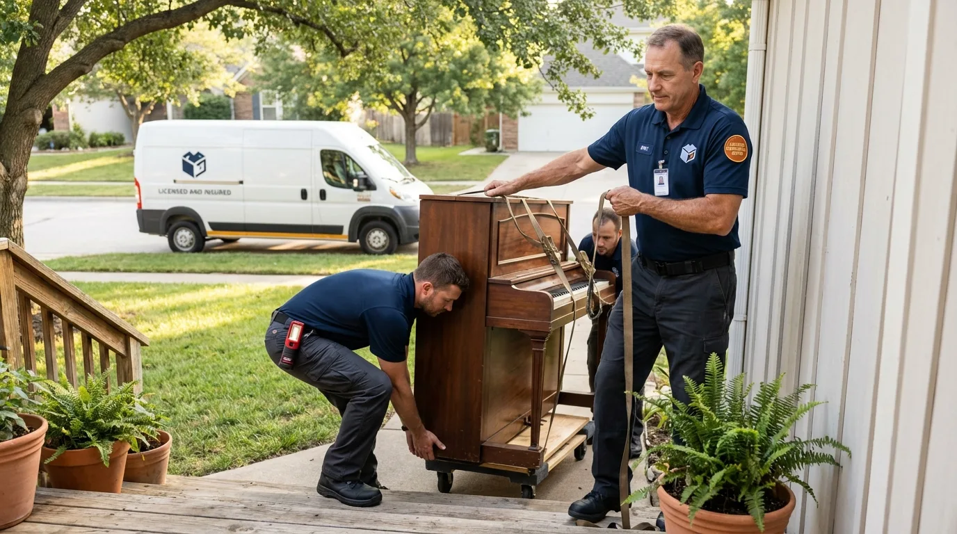 Licensed piano movers securing grand piano in Meeker, CO