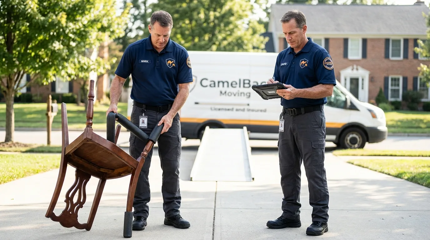Movers inspecting furniture for damage prevention before loading in Meeker, CO
