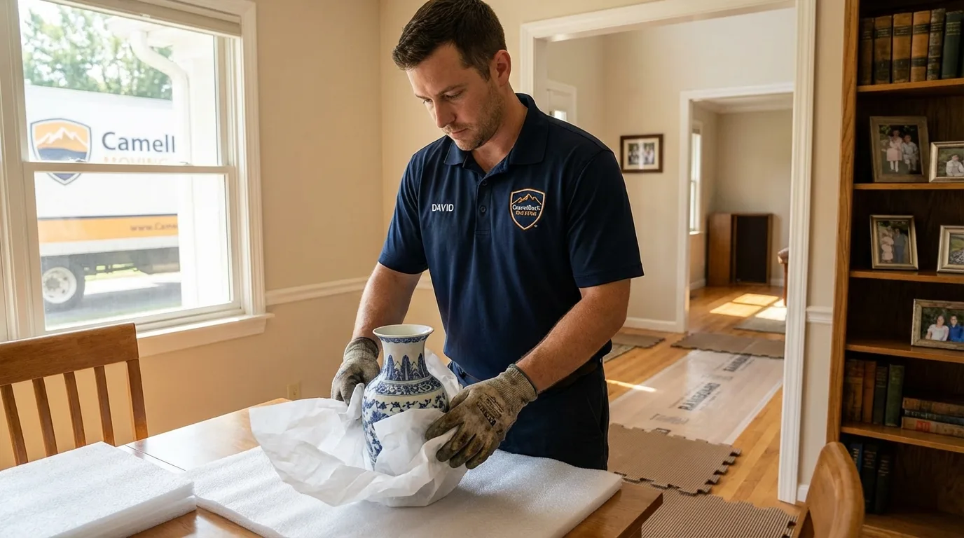 Professional crew carefully wrapping antique vase for senior downsizing move in Meeker, CO